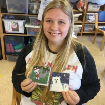 Chloe (above) says: ‘I’m buzzing my felted pictures have been made into cards. The polar bears are called Chloe and Simon and the sloth is called Sydney.’