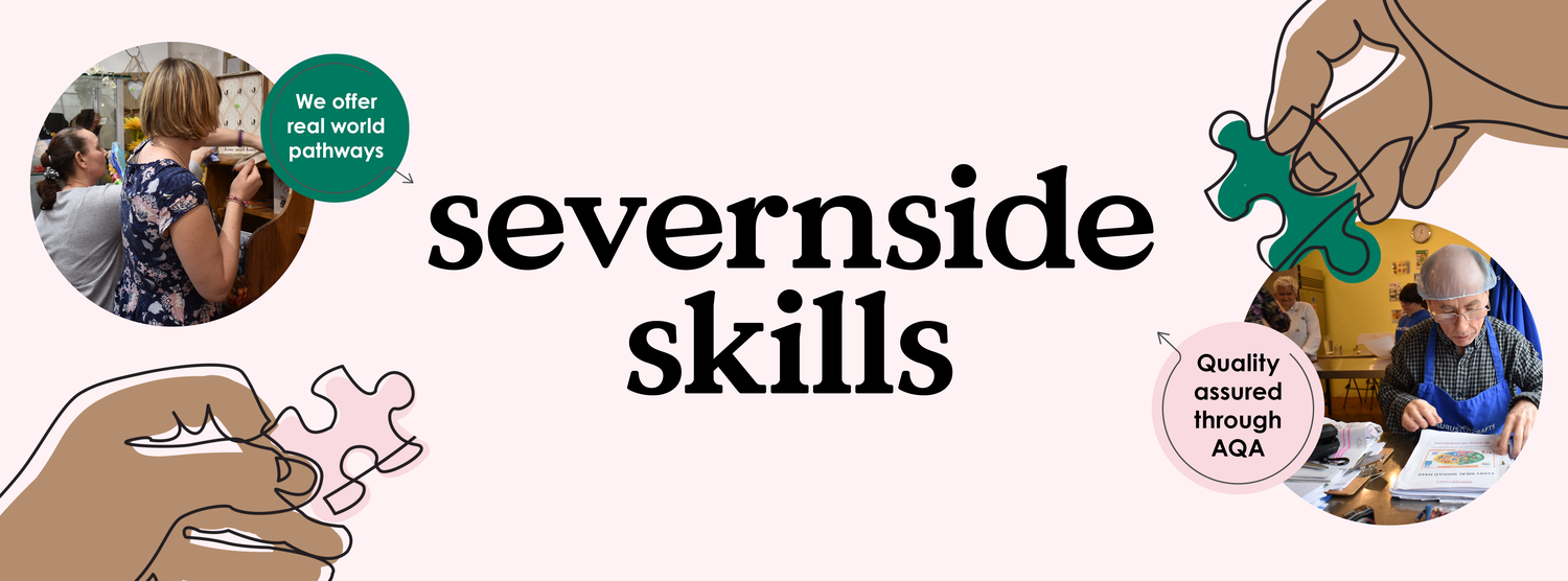 A graphic illustration banner for Severnside Skills showing puzzle pieces, hands, and people engaging in different activities such as catering