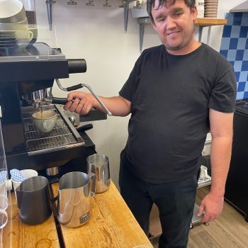 Ed in Cafe on the Corner making a latte
