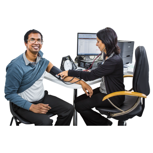 A young man and a female doctor, she is taking his blood pressure.