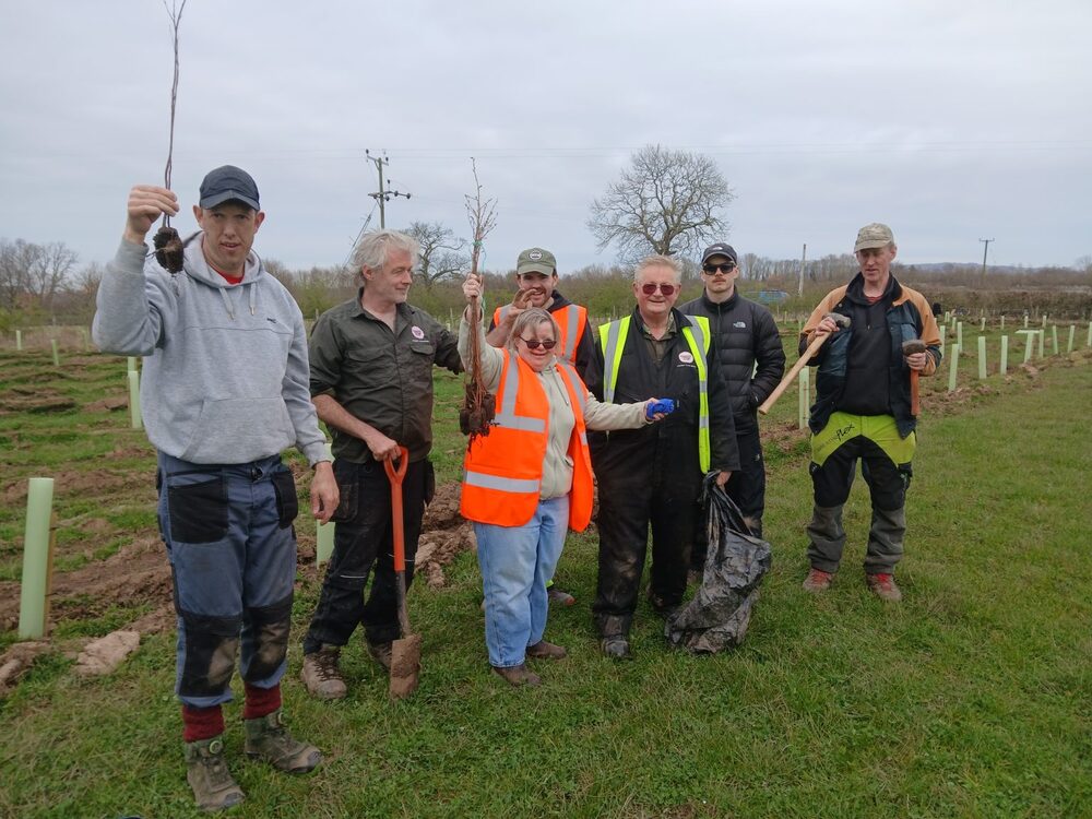 People smiling outside gardening