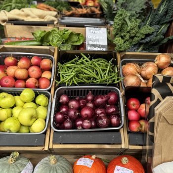 Organic home grown fruit and veg outside Botton Village Store