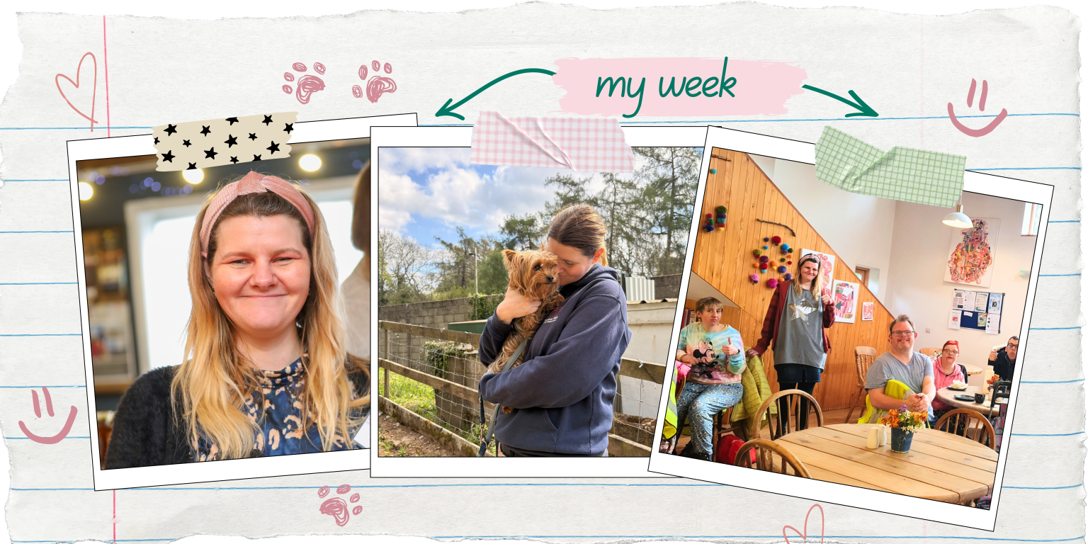 A row of three polaroid photos showing Harriet smiling at the camera, Harriet cuddling a dog and Harriet at Grange Village with her friends in a cafe.