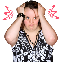 A woman holds her hands on her head, she is stressed. Wiggly lines are coming out from both sides of her head.