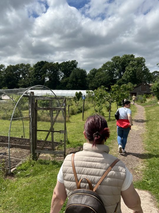 Several people walk along a gravel path through gardens and growing spaces at a Camphill Village Trust site. Raised beds, fruit trees and a large polytunnel can be seen alongside the path, with woodland and cloudy skies in the background.
